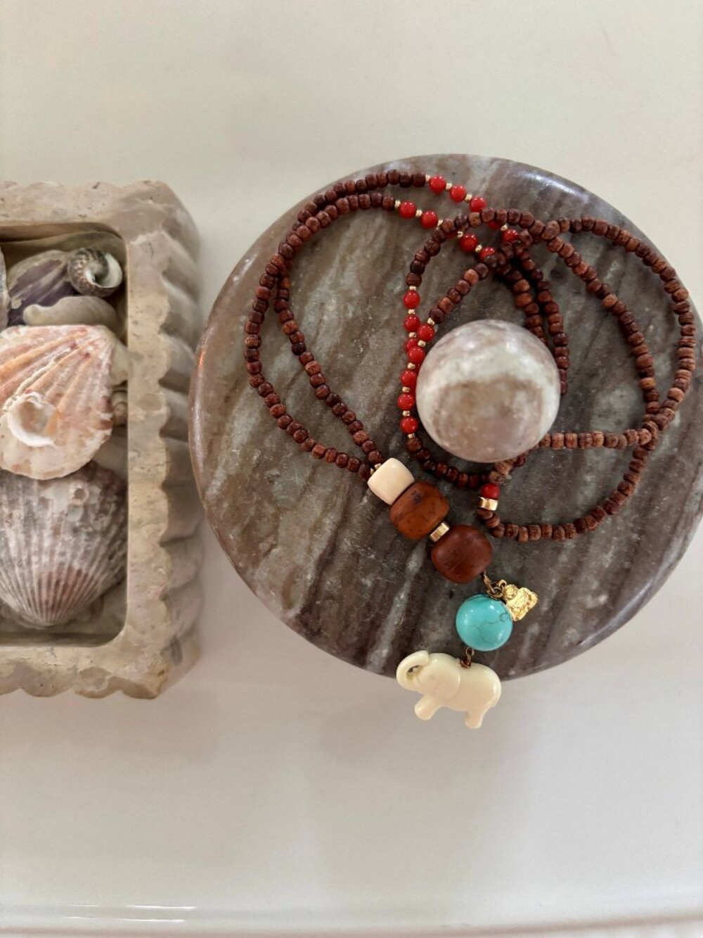 Beaded Necklace w/ Elephant & Buddha Charms – 18” Drop – Boho Spiritual Style